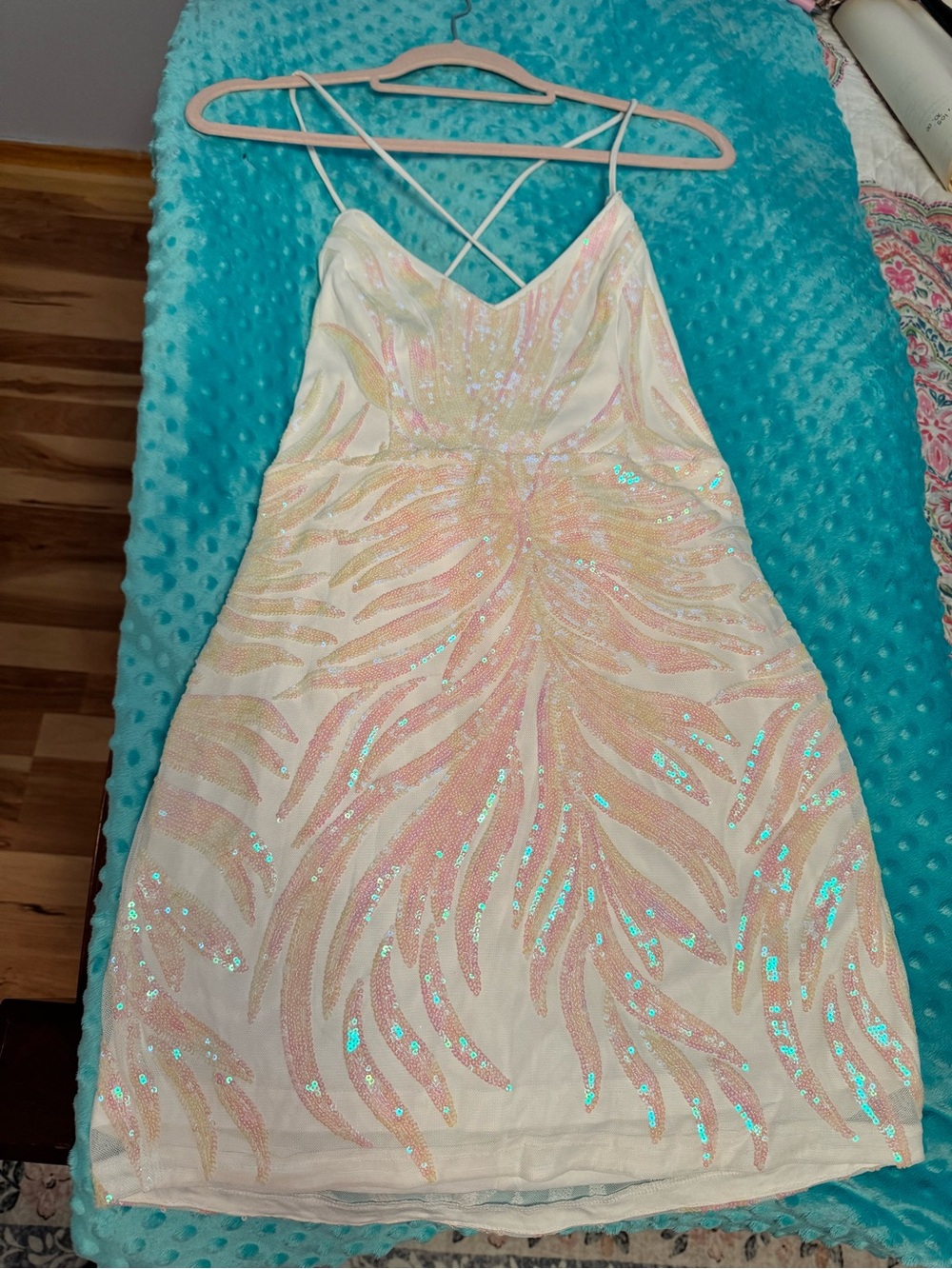 Lulus White Mini Dress with Pink and Iridescent Sequin Accents
